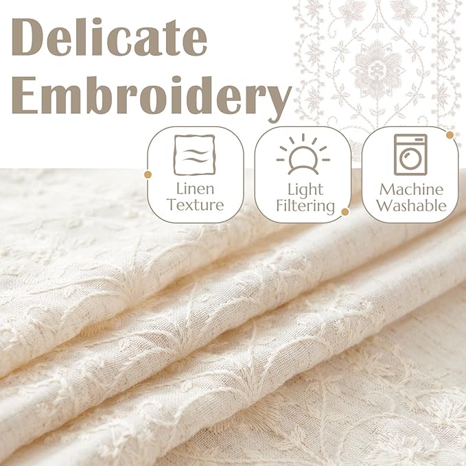 jinchan Weslie Boho Curtains for Living Room Ivory Vintage Floral Farmhouse Curtains 108 Inches Long Linen Drapes for Bedroom Embroidered Extra Long Light Filtering Drapes Rod Pocket 2 Panels