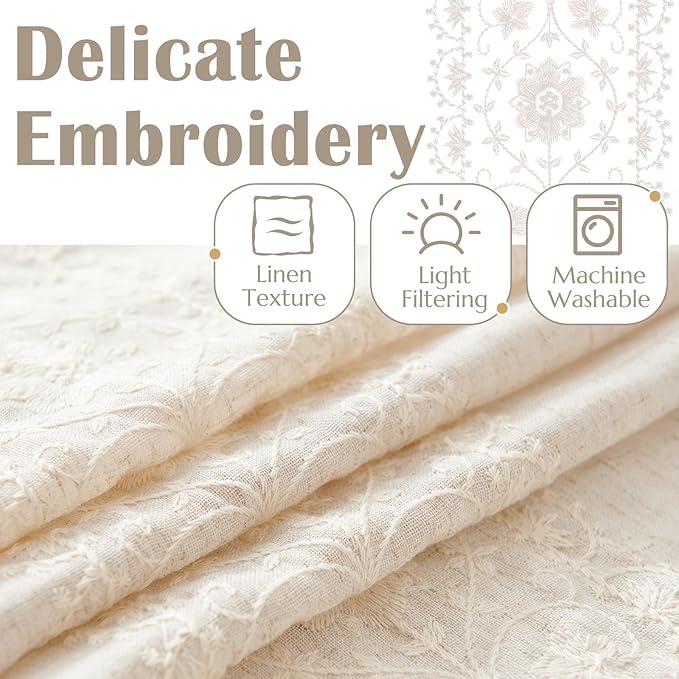 jinchan Weslie Boho Curtains for Bedroom Ivory Vintage Floral Farmhouse Curtains 96 Inches Long Linen Drapes for Living Room Embroidered Light Filtering Drapes Rod Pocket Ivory on Beige 2 Panels