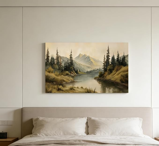 ZAWUDVC Large Neutral Mountain Lake Wall Art, Pine Forest Landscape Canvas Print Poster, Rustic Nature Green Botanical Wall Decor for Living Room Bedroom, Earth Tone Forest Wilderness Art,
