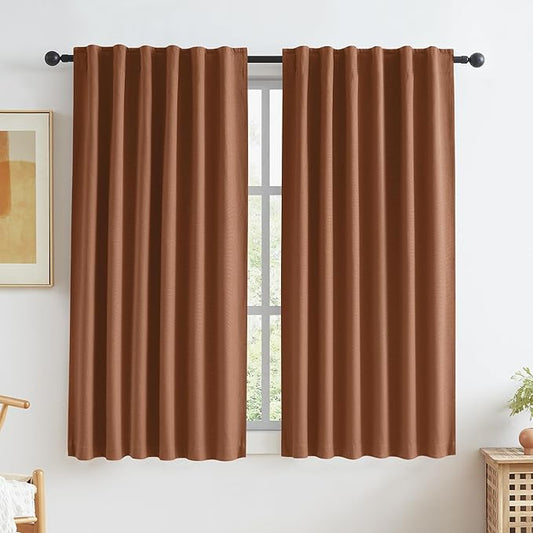 KEQIAOSUOCAI Terracotta Boho Linen Blackout Curtains 63 Inch Length for Living Room 2 Panels Sets Hook Belt Back Tab Drapes Southwest Decor Rust Red Boho Curtains for Bedroom Brown Red W50 x L63