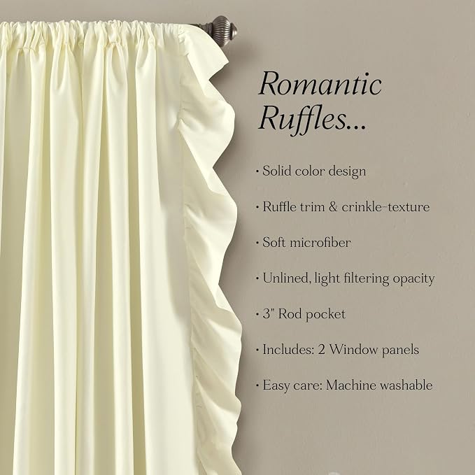 Lush Decor Reyna Ruffle Window Curtain Panel Set, Pair, 54" W x 95" L, Ivory - Flowy Curtain Set - Romantic Ruffle Curtains for Bedroom, Living room, or Dining Room - Farmhouse & Cottage Home Decor