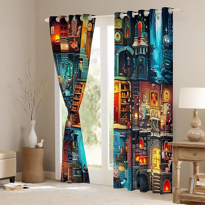 Castle Fairy Sandbox Games Window Curtain,Pixelated Miner Theme Living Room Decor Curtains,Kids Boys Block Patchwork City View Window Treatment Building Gamer Blackout Drapes 2 Panels,42Wx84L