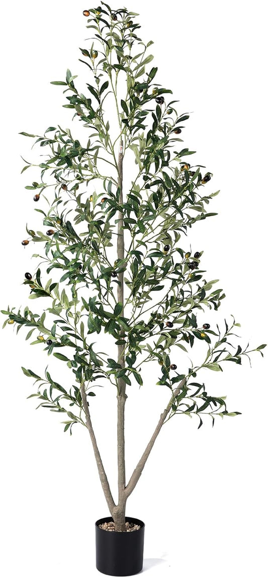 Olive Trees Artificial Indoor, 6FT Tall Faux Olive Tree with Light Kit Moss and Planter, Faux Plants Indoor with Natural Wood Trunk and Lifelike Fruits, Fake Tree for Home Office Living Room Decor