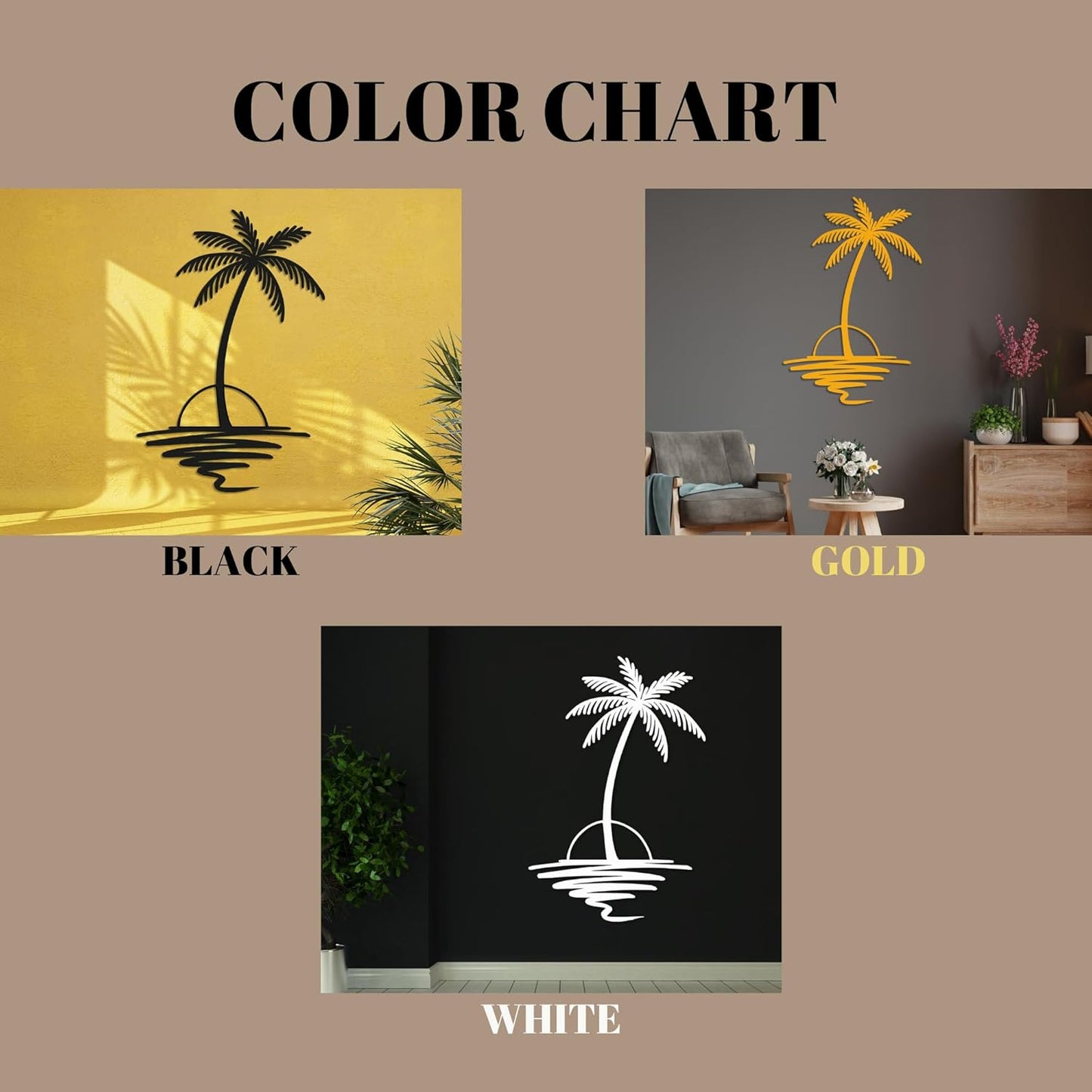 Metal Palm Tree with Sunset Wall Art, Large Outdoor Wall Decor, Tropical Beach Coastal Decor for Living Room, Bedroom, Garden Home Wall Sign, Perfect Metal Wall Art for Beach House, Coastal Theme, and Home Decoration (Gold, 18 x 14 inches)