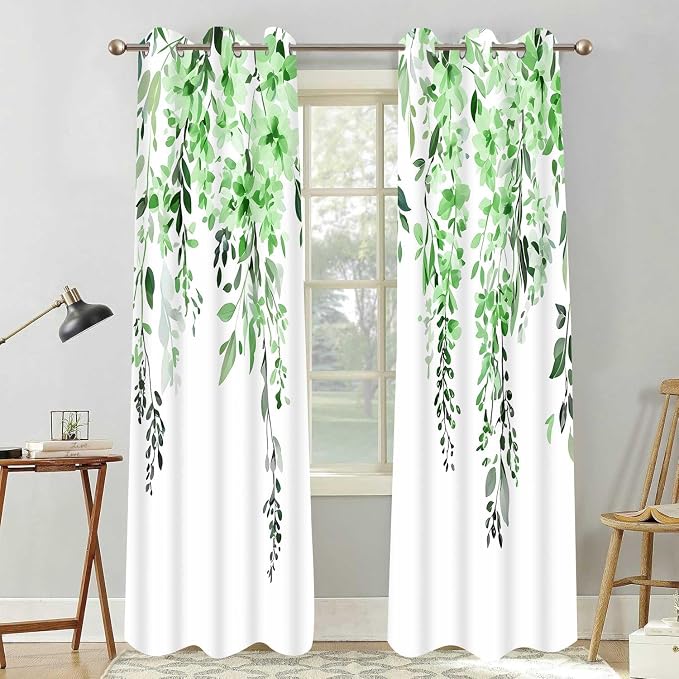 Green Watercolor Floral Curtains, Botanical Leaves Vine Flowers Curtain, Rustic Farmhouse Flower Leaf Blackout Window Treatment Drapes for Bedroom Living Room 42x72 inch, 2 Panels