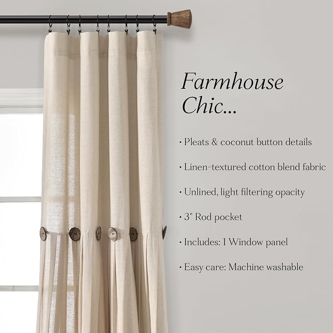 Lush Decor Linen Button Window Curtain Panel, Single, 40" W x 84" L, Dark Linen - Country Curtains - Rustic Decor - Color Block Modern Farmhouse Curtains For Living Room, Bedroom & Dining Room