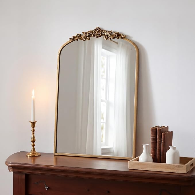 PERFNIQUE Vintage Mirror, 35" X 24" Arched Antique Baroque Wall Mirror, Gold Traditional Wall Decor, Ornate Decor Anthro Look Alike Furniture for Bathroom Living Room Fireplace Entryway Hallway