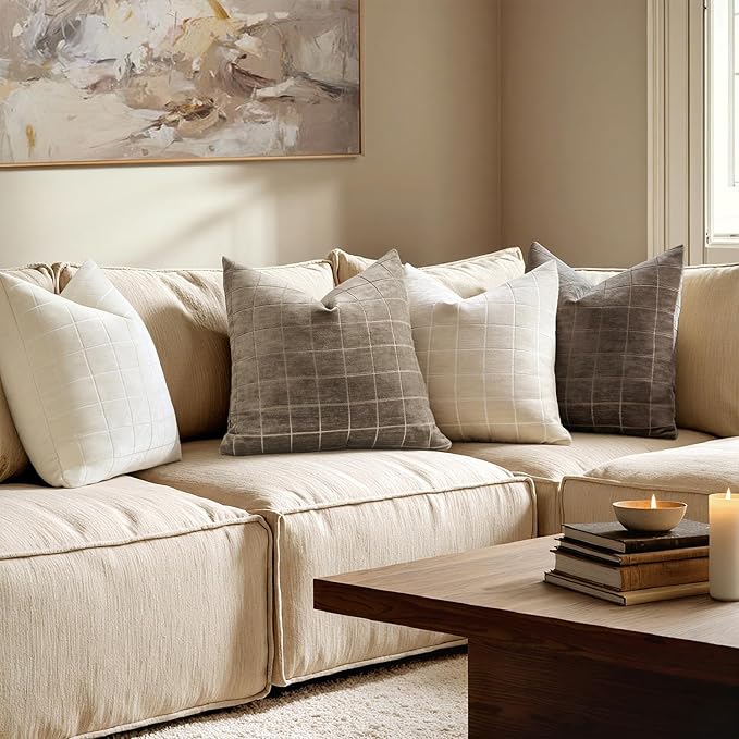 MIULEE Taupe Grey Plaid Decorative Fall Throw Pillow Covers 20x20 Set of 2 | Vintage Check Chenille Couch Pillows Boho Farmhouse Cushion Covers Modern Fall Home Decor for Sofa Bed Living Room