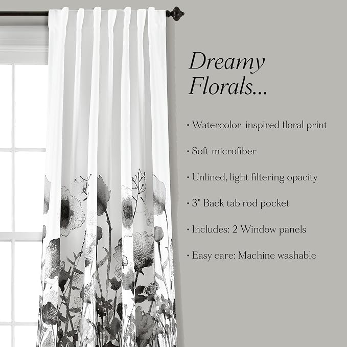 Lush Decor Zuri Flora Light Filtering Window Curtain Panel Pair, 52" W x 84" L, White & Black