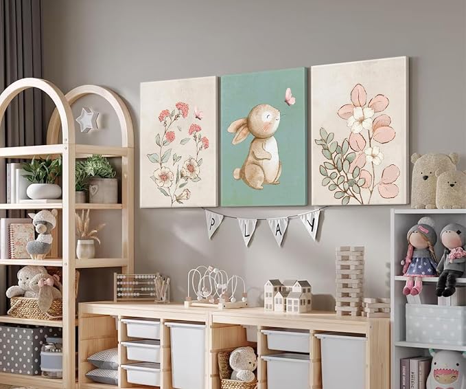 Framed Nursery Wall Art Set of 3 Pink Flower Botanical Pictures 12x16 In | Green Bunny Paintings, Cute Animal Canvas Prints for Girls and Boys Kids Room, Baby Room Decor