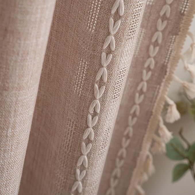Deeprove Boho Curtain 72 inches Length for Living Room Bedroom, Light Brown Bohemian Coffee Linen Sheer 72 inches Long Tassel Stripe Embroidery Privacy Window Treatment W52 x L72, 1 Panel Natural