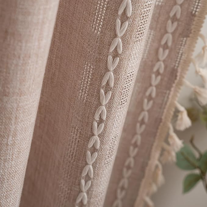 Deeprove Boho Curtain 84 inches Long for Living Room Bedroom Nursery, Retro Bohemian Coffee Linen Sheer 84 inches Length Tassel Stripe Embroidery Privacy Window Treatment W52 x L84, 1 Panel Natural