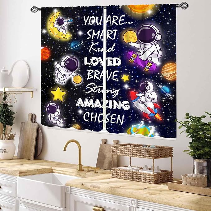 Kids Space Curtains for Boys Room, Cartoon Universe Galaxy Space Planet Astronaut Inspirational Quotes Learning Kids Window Drapery Treatments for Bedroom Living Room Nursery 2 Panels, 55x39 Inch