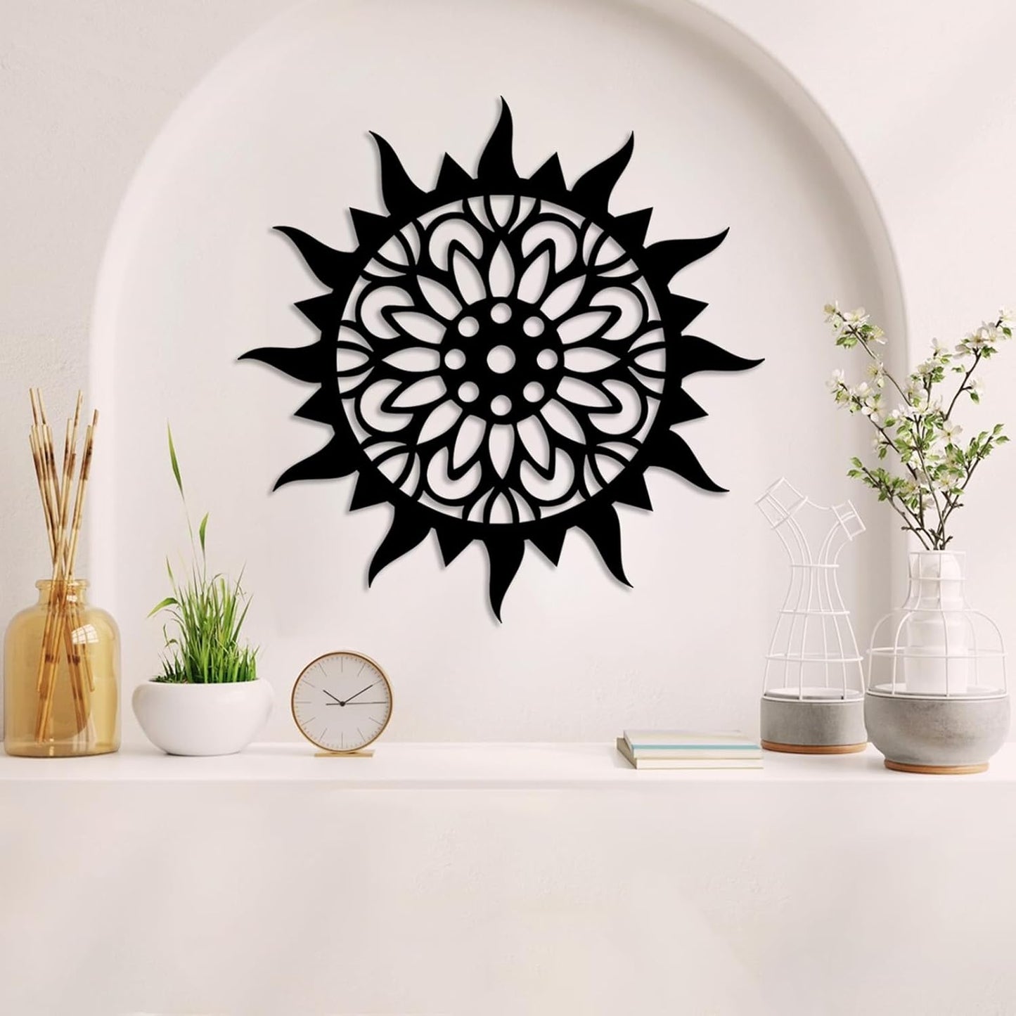 Sunburst Metal Wall Decor, Unique Sun Flower Design, Outdoor & Indoor Wall Art for Living Room, Bedroom, or Patio, Home Decor (White, 24"x24"|60x60cm)