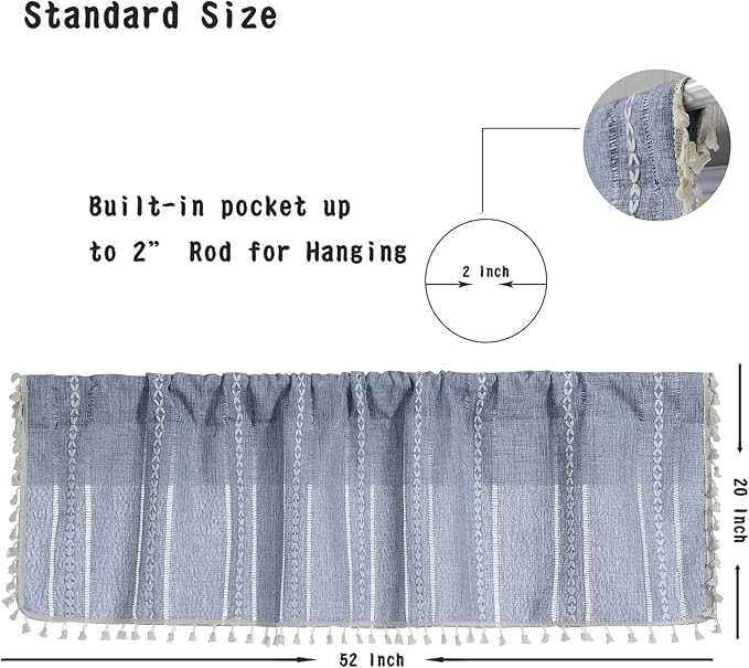 RoomTalks Boho Kitchen Valances for Windows Embroidered French Striped Farmhouse Vintage Chic Textured Tassel Curtain Valances for Bathroom Living Room Bohemian Decor (18’’L x 52’’W, Blue)