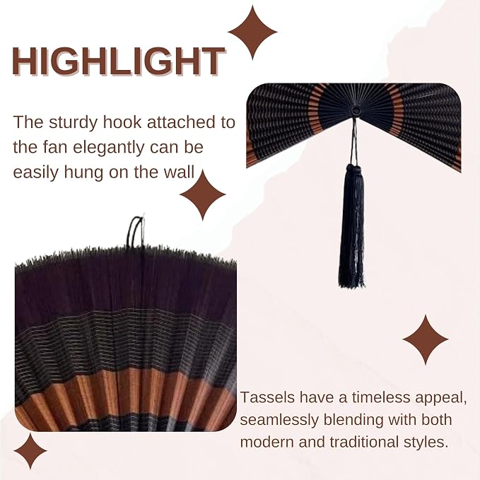 ChumDecor Fan Wall Decor, Large Bamboo Fans for Boho Hanging Headboard, Decorative Folding Fans for Over Bed, Asia Trending (Ebony 31inch)