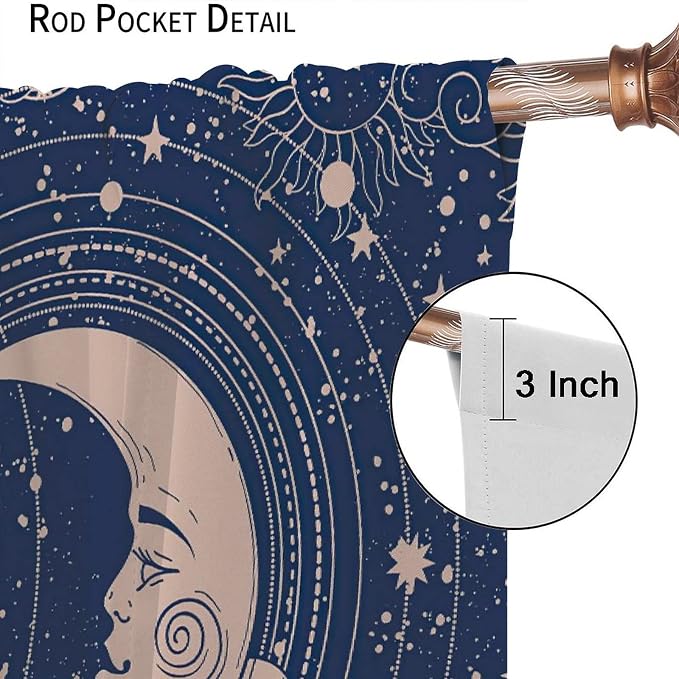 Sun Moon Blackout Windows Curtains, Boho Celestial Bodies Gold Sun Moon and Stars Pattern Window Drapes, for Living Room Bedroom 63x72in 2 Panels