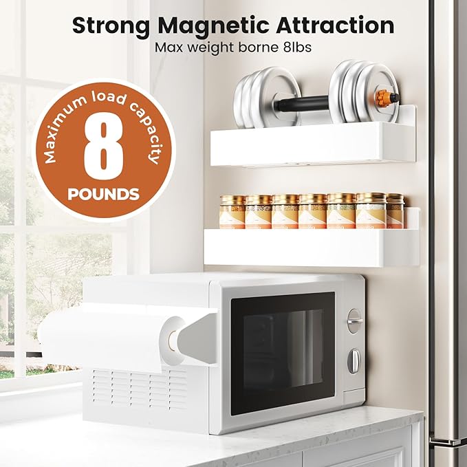 Mystozer Magnetic Spice Rack for Refrigerator, 4 Pack Magnetic Shelf and 1Pack Paper Towel Holder,Fridge Organizers and Storage White(5 Pack)