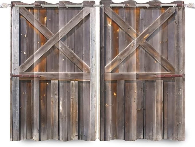 Rustic Wooden Curtains Vintage Wood Barn Door Window Curtains Old Garage Door American Native Country Farmhouse Rural Farm Style Living Room Window Drapes Treatment,53x63 inch,2 Panels