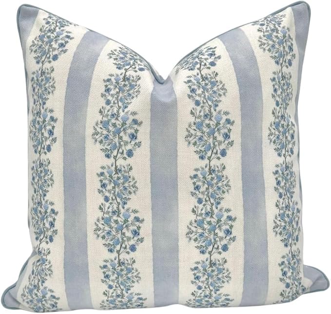 Jillien Harbor “The Juliet” Floral Block Print Pillow Cover – Soft Blue and Off-White Decorative Throw Pillow Cover – Grandmillennial Home Decor, 24" x 24"