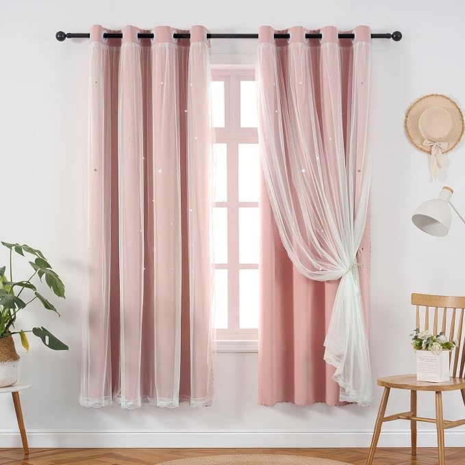 Pink Curtains Cute Blackout Curtains for Girls Bedroom 45 Inches Short 2 Panels Star Cutout Nursery Curtains & Drapes Double Layer with Sheer Overlay Light Blush Room Decor 45 Inch Length