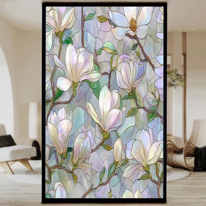 Vintage Magnolia Flower Privacy Window Film, Elegant White Floral Frosted Self-Adhesive Vinyl Cling for Glass Doors Bathroom Windows Sun Blocking Heat Control, 35.4Wx55.1L inch