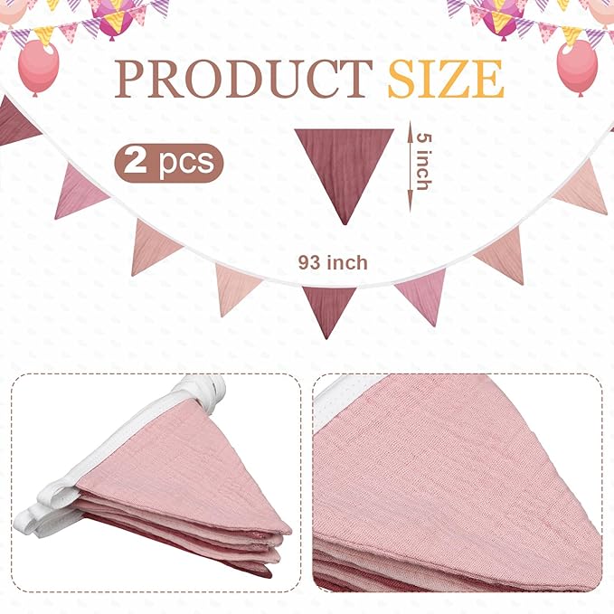 Oudain 2 Pcs Pennant Banner Flags Nursery Garland Triangle Bunting Flags Playroom Wall Decor Banner for Nursery Baby Shower Birthday Boho Wedding Party Event, Each 7.75 ft(Pink Color)