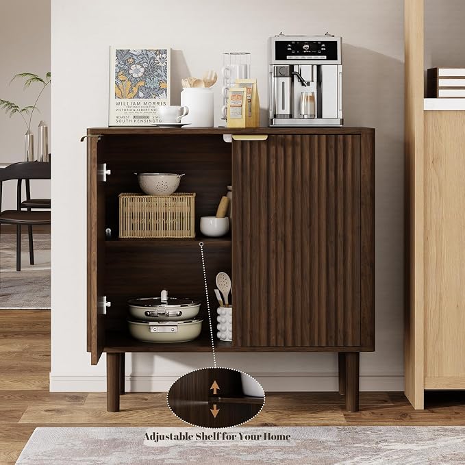 IKALIFE Sideboard Buffet Cabinet with Storage, Modern Fluted Accent Credenza with Doors & Adjustable Shelves, Wood Coffee Bar Console Table for Living Room, Dining Room, Kitchen, Entryway 31.5"Walnut