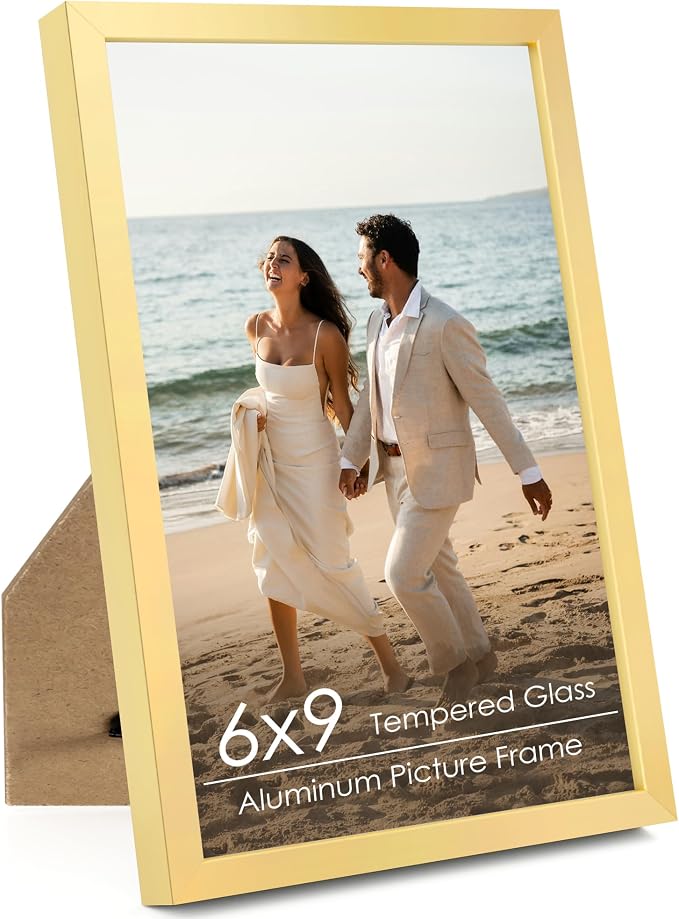 FLYJOE 6x9 Metal Picture Frame - Gold Aluminum Picture Frames with Real Glass, Wall Mounting Horizontally or Vertically, Simple and Elegant Decor for Wall Gallery Poster Photo 9x6 Frames, Gold