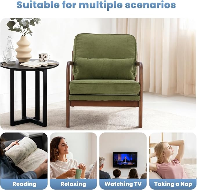 DUMOS Mid Century Modern Accent Chairs Set of 2, Armchair with Lumbar Pillow and Waist Cushion, Solid Wood Frame Lounge Chair for Living Room, Bedroom, Reading Nook, Small Apartment Corner, Green