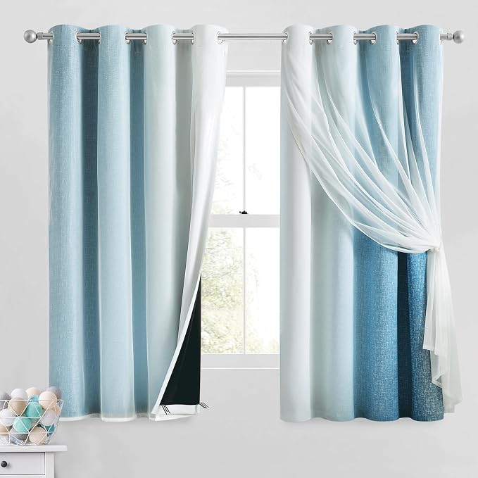 Ombre 100% Blackout Curtains 63 Inches Long 2 Panels for Bedroom Living Room Blue and White Double Layer Sheer Overlay Mix & Match Grommet Thermal Soundproof Drapes with Tiebacks, 52x63