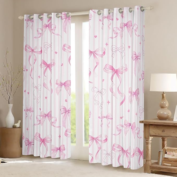 Feelyou Girls Pink Bow Blackout Curtains Coquette Cute Bow Knot Darkening Drapes for Bedroom Living Room Pink White Stripes Insulated Shades Dreamy Princess Window Treatments, 2 Panels 52 x 90 Inch