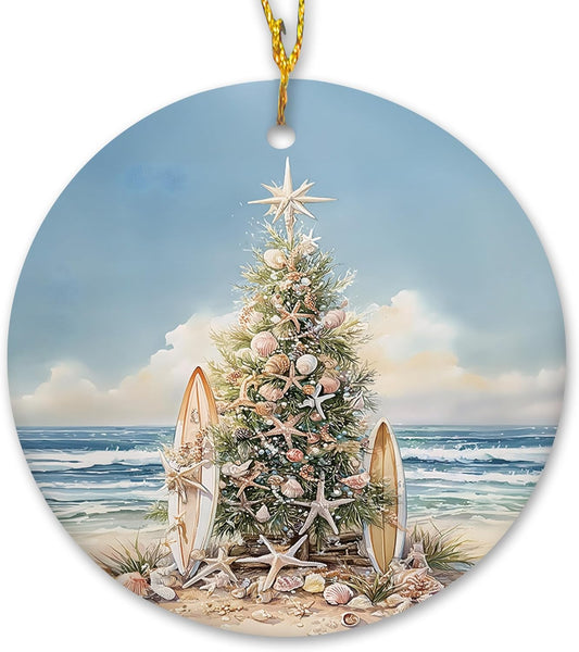 Coastal Beach Christmas Ceramic Ornament Gifts, Ocean Beachy Seashell Christmas Decorative Hanging Ornaments for Xmas Tree Holiday Party Decoration, Coastal Beach Xmas Tree Decorations