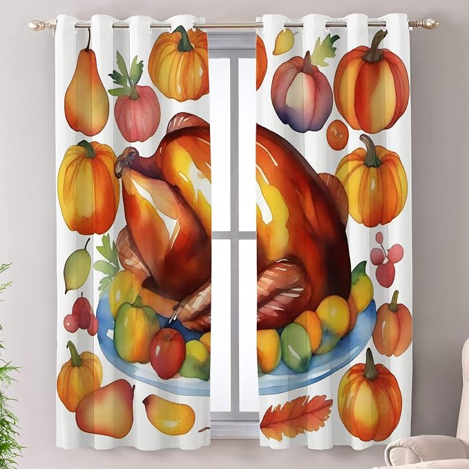 Shrahala Turkey Pumpkin Thanksgiving Thermal Insulated Blackout Window Curtains, Watercolor Fruits Delicious Food Pears Long Drapes for Bedroom/Living Room with Plastic Grommet, 52X63 Set of 2