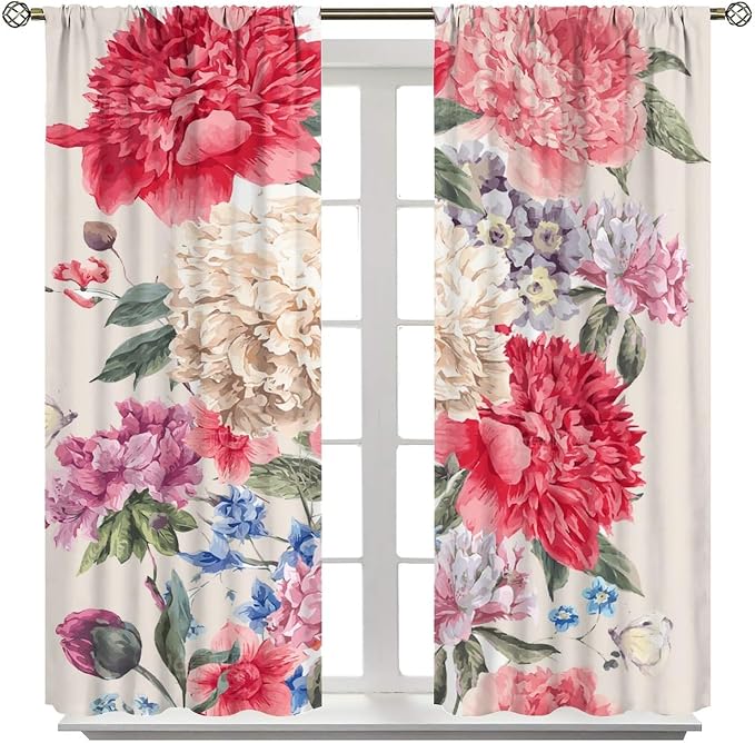Floral Blackout Window Curtain Vintage Bouquet of Peony Wild Flowers Nature Botanical Leaf for Home Kitchen Restaurant Decoration Drapes 2 Panels 42x54 Inch