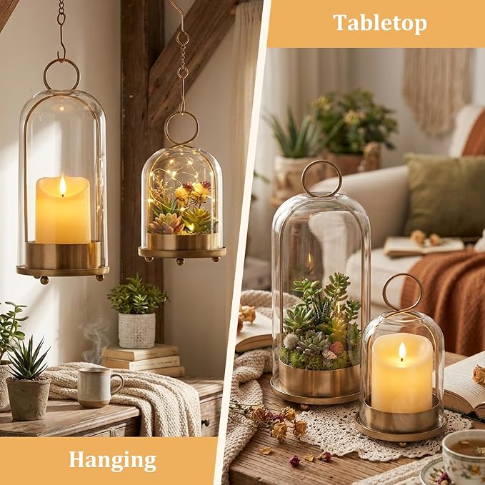 Brass Hurricane Handmade Sturdy Glass Dome Candle Holders with Glass Cover, Set of 2 Flameless Battery Operated LED Pillar Candles and Remote, Elegant Cloche Lantern for Modern Table Centerpiece