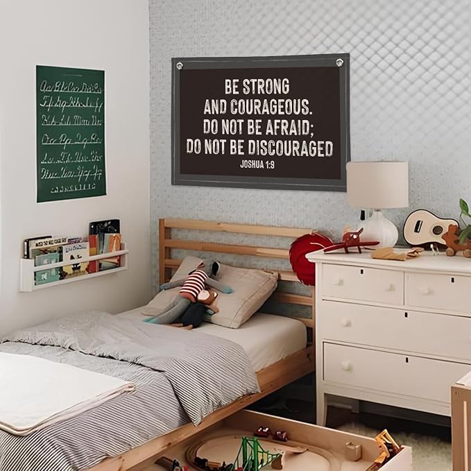 Christian Wall Art, Be Strong and Courageous Bible Verse Banner, Inspirational Linen Canvas Banner Wall Hanging Decor for Toddler Boys Room Nursery Playroom, Religious Gift for Kids