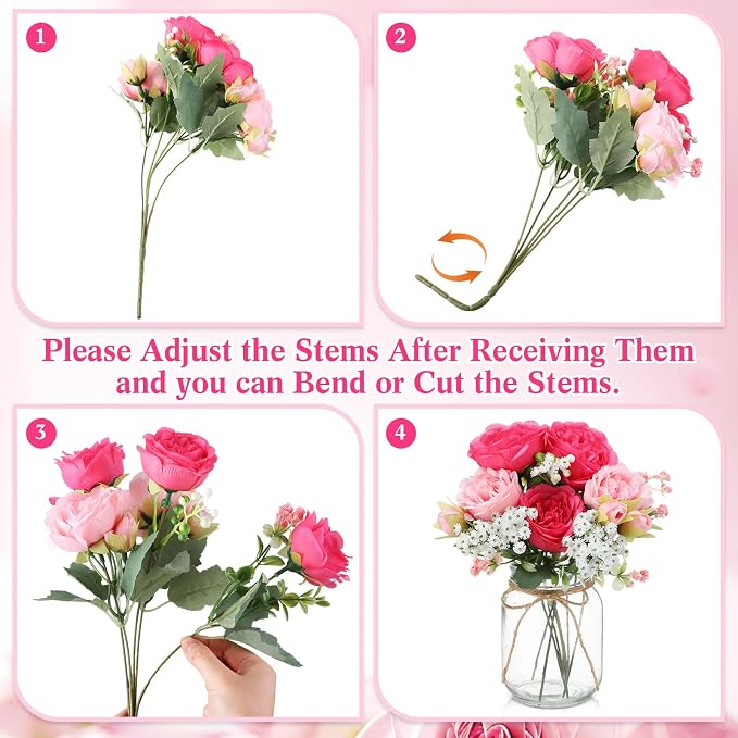 Zeyune 6 Sets Mason Jar Centerpiece Table Decorations, Artificial Peony Baby's Breath Flower Bouquets, Faux Flowers with Vase, Rustic Decor Gifts for Home, Wedding, Holiday (Pink Mix)