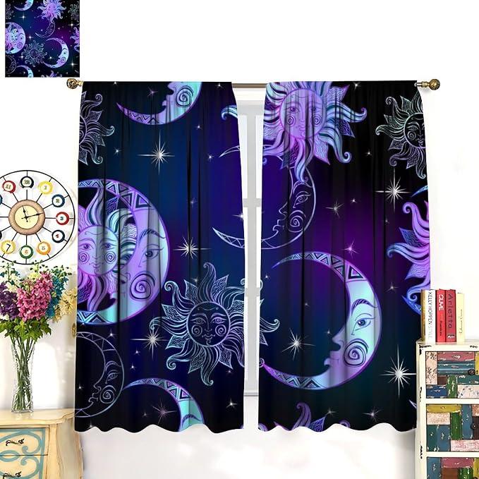 Fantasy Sun Moon Blackout Curtains, Boho Purple Black Stars Galaxy Rod Pocket Window Treatment Drapes for Bedroom Living Room 63" W X 72" L