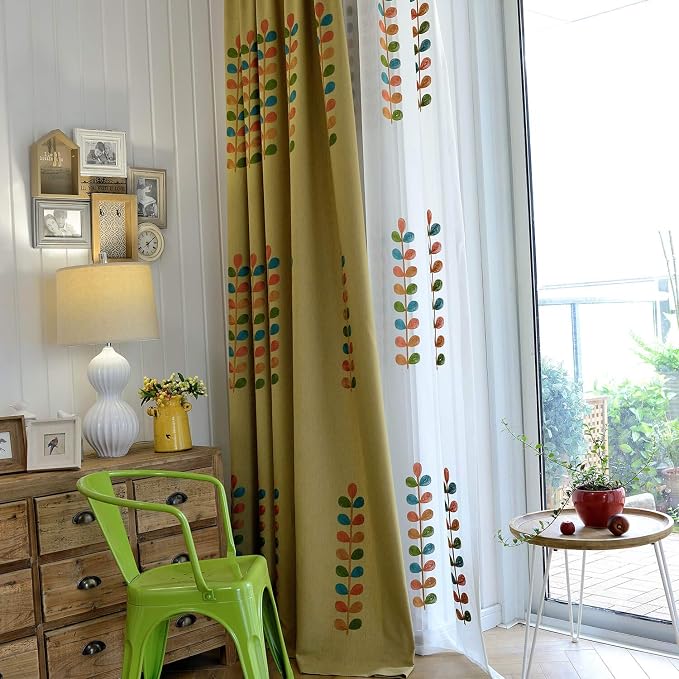 VOGOL Colorful Leaf Embroidered Curtains, Linen Textured Grommet Drapes for Living Room Bedroom Large Windows, Light Filtering Curtain for Dining Room, 2 Panels, 60 x 106 Inches