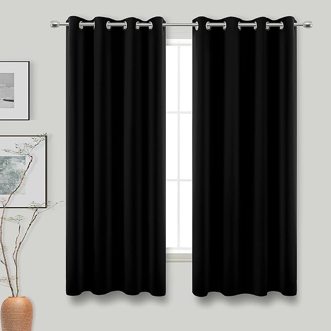 KOUFALL 60 Inch Curtains for Bedroom,Grommet Room Darkening Dark Out Heavy Thick Insulated Thermal Black Blackout Curtains for Winter 2 Panels Set