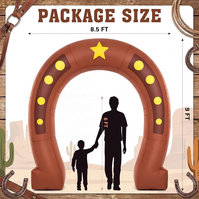 Seenelling 9 ft Western Party Giant Inflatable Archway Decoration, Cowboy Horseshoe Arch Built-in LED Lights for Western Themed Party Birthday Indoor Outdoor Supplies