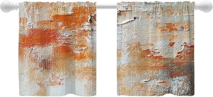 Shrahala Brushstrokes of Paint Blackout Curtain Tiers, Orange Grey Canvas Texture Kitchen Valance Light Blocking Tier Drapes with Rod Pocket, 2 Pack 26 X 24 in