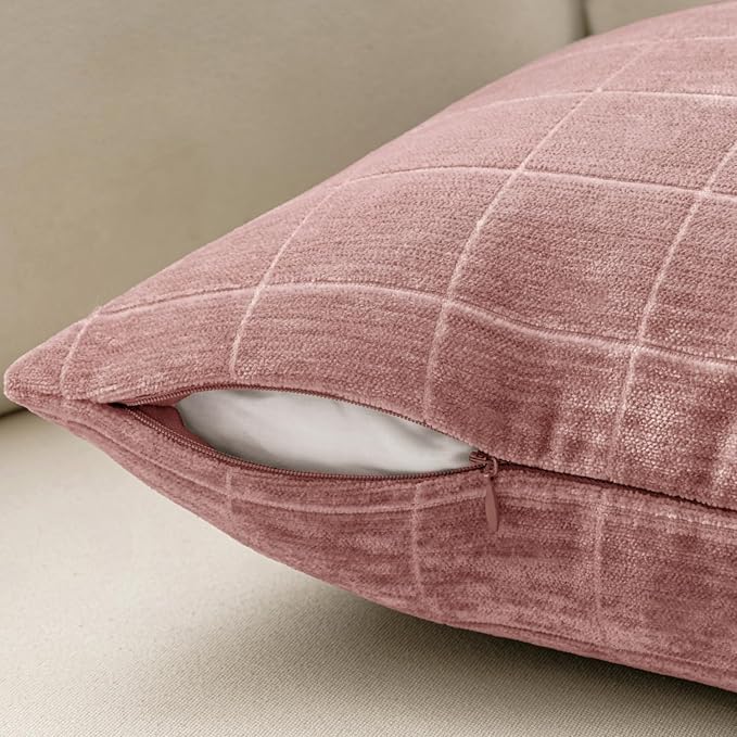 MIULEE Blush Pink Plaid Decorative Throw Pillow Covers 20x20 Set of 2 | Vintage Check Chenille Couch Pillows Neutral Boho Farmhouse Cushion Covers Modern Home Decor for Sofa Bed Living Room