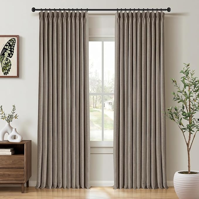 CAPALOCA Pinch Pleated Blackout Curtains 102 Inches Long, Linen Blend, 100% Blackout Drapes with 20 Hooks, Ideal for Bedroom and Living Room, 40" W x 102" L (Pack of 2), Burlywood Birch
