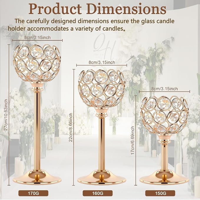 Candle Holder Candlestick Holders- 6Set Gold Crystal Pillar Candle Holders,Metal Candlestick Stands for Wedding Centerpieces,Table Decor for Church,Valentine's Day Housewarming Gift,18Pcs