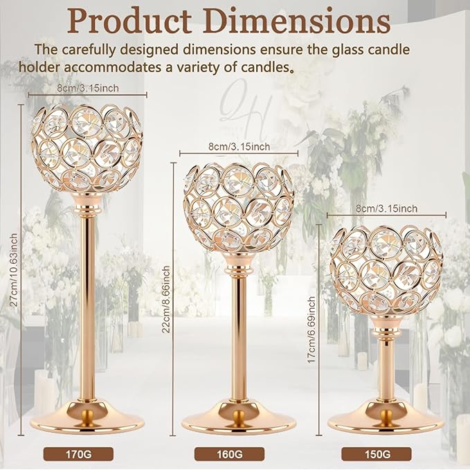 Candle Holder Candlestick Holders- 3Set Gold Crystal Pillar Candle Holders,Metal Candlestick Stands for Wedding Centerpieces,Table Decor for Church,Valentine's Day Housewarming Gift,9Pcs