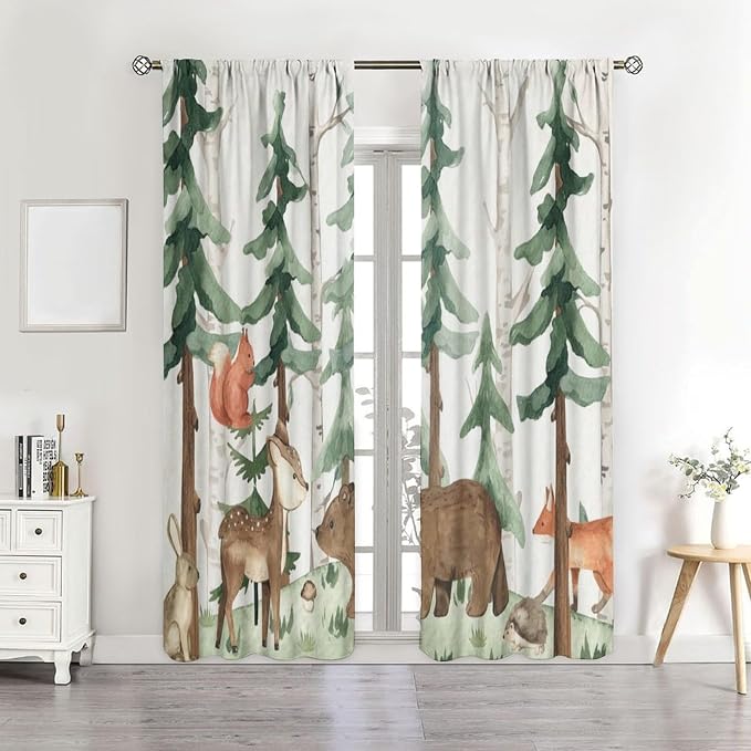 Forest Nursery Curtains - Woodland Bear & Wildlife Theme, Blackout 42x45 Inch 2 Panels