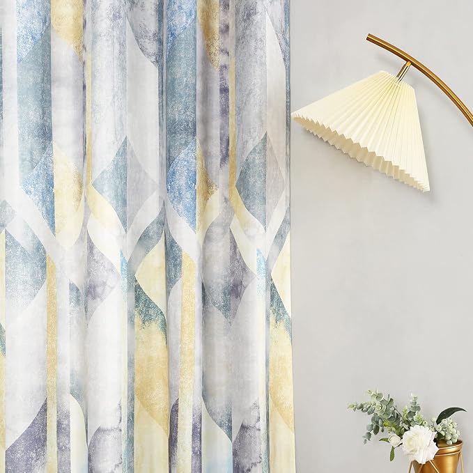 Leeva Grommet Drapes & Curtains for Office, Linen Textured Modern Solid Window Treatments Decorative Curtain Panel for Guest Room, 2 Packs, 52 x 84 in, Yellow and Blue