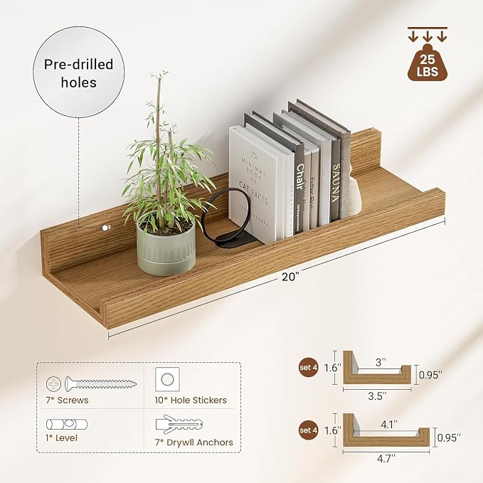 Heimlove 20 inch Picture Ledge Shelf Set of 8,Long Floating Shelves for Wall,Oak Picture Shelf with Lip for Wall Decor,Living Room Bedroom Bookshelf Photo Frames Nursery Book Shelves for Storage